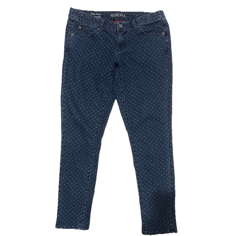 Merona Skinny Stretch Blue Denim Polka Dot Ankle Pants 5 Pocket Sz 6 Inseam 28”
